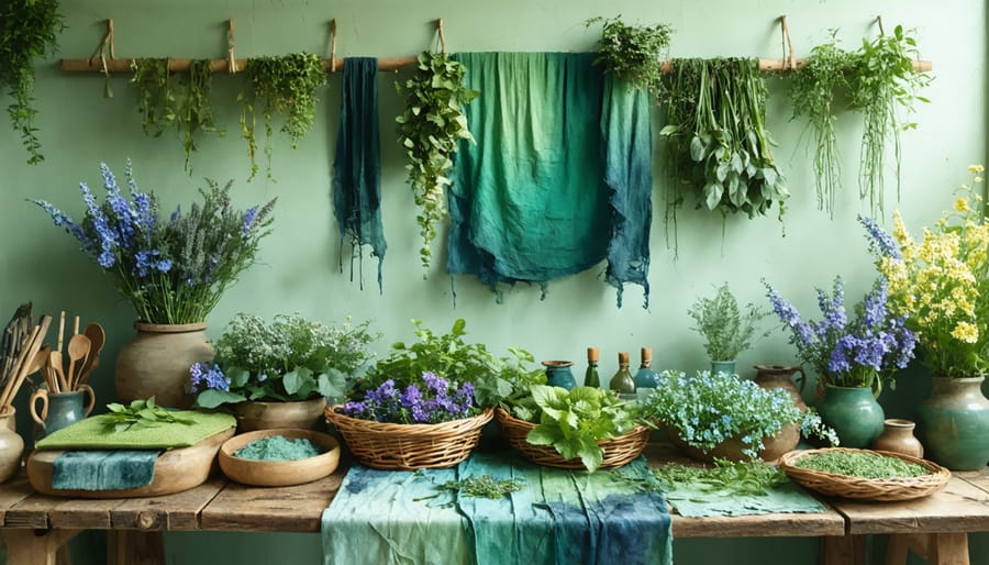 Eco dyeing workspace setup with natural materials and tools arranged on a wooden table