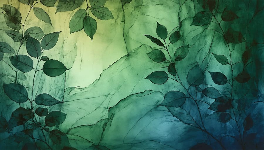 Natural eco dyed silk fabric showing detailed leaf impressions in rust and green tones