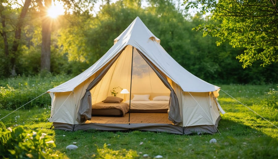 Sustainable camping tent constructed from recycled materials displayed in a forest clearing