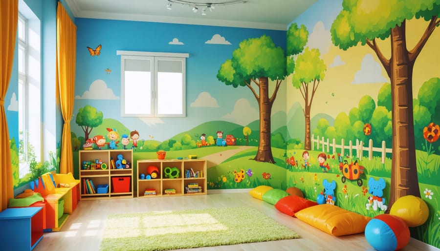 Educational playroom design with colorful learning elements and creative play areas