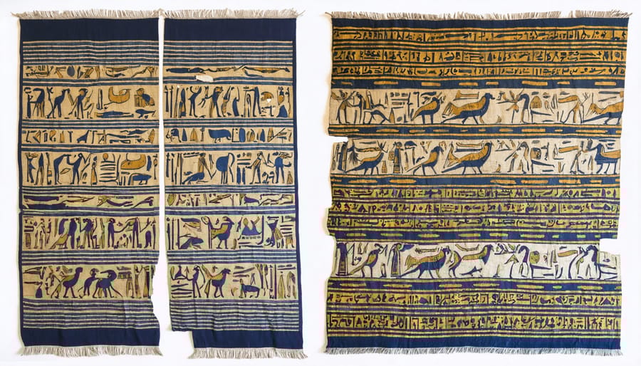 Preserved Egyptian textile fragments displaying traditional weaving patterns and symbols