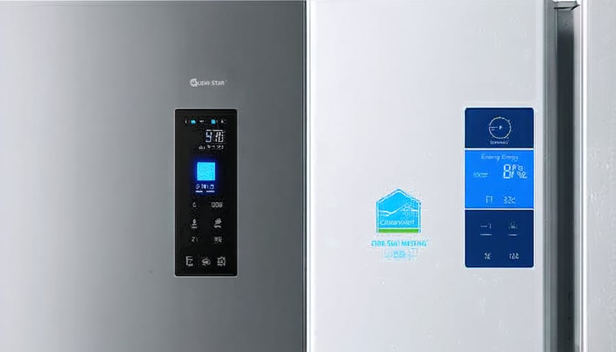Modern ENERGY STAR certified refrigerator showing energy consumption monitor and efficiency features