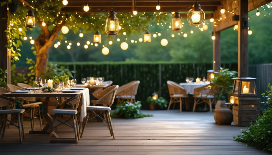 Atmospheric outdoor table setting illuminated by various lighting elements at dusk