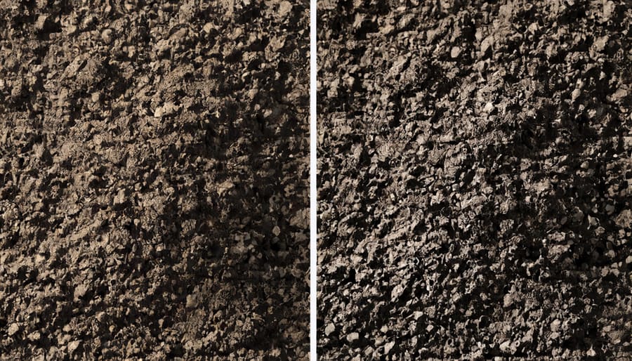 Comparison showing raw compost materials and final dark, crumbly compost product being applied to garden soil