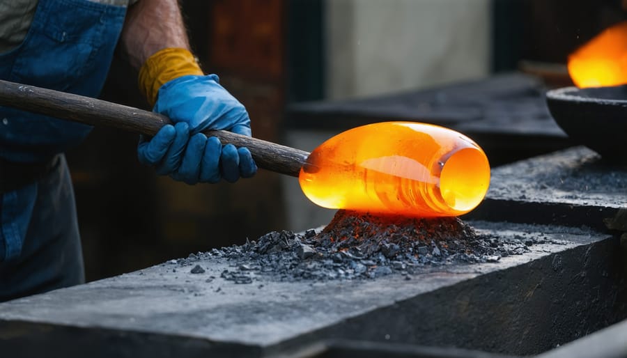 Artist gathering molten glass from furnace using a blowpipe