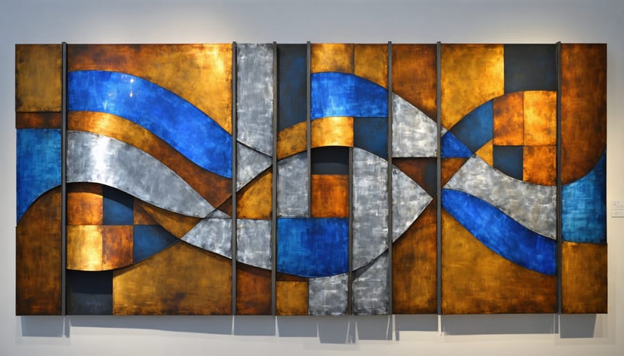Modern geometric metal wall art installation in a contemporary living room