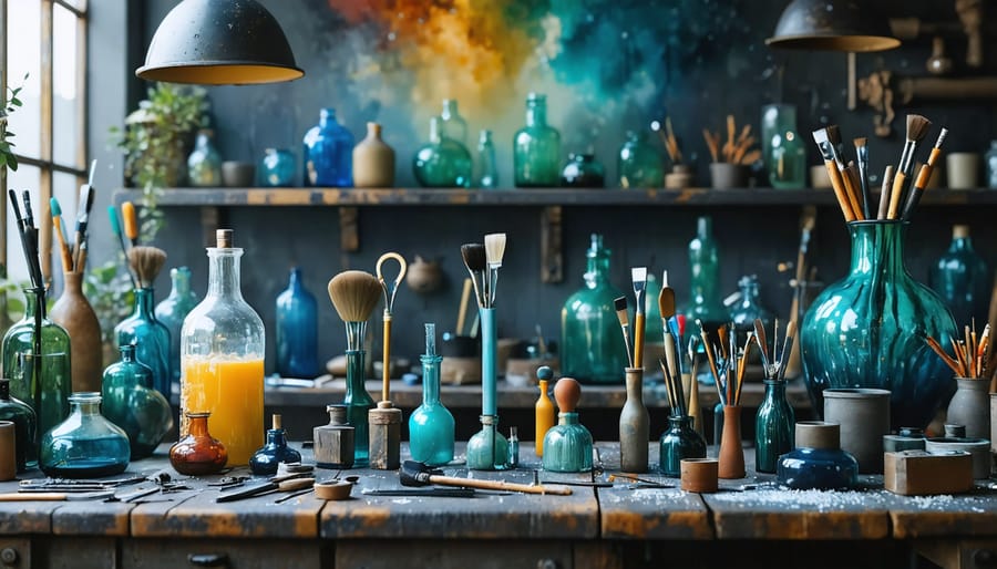 Organized glassblowing workbench with torch, mandrels, safety equipment, and basic tools