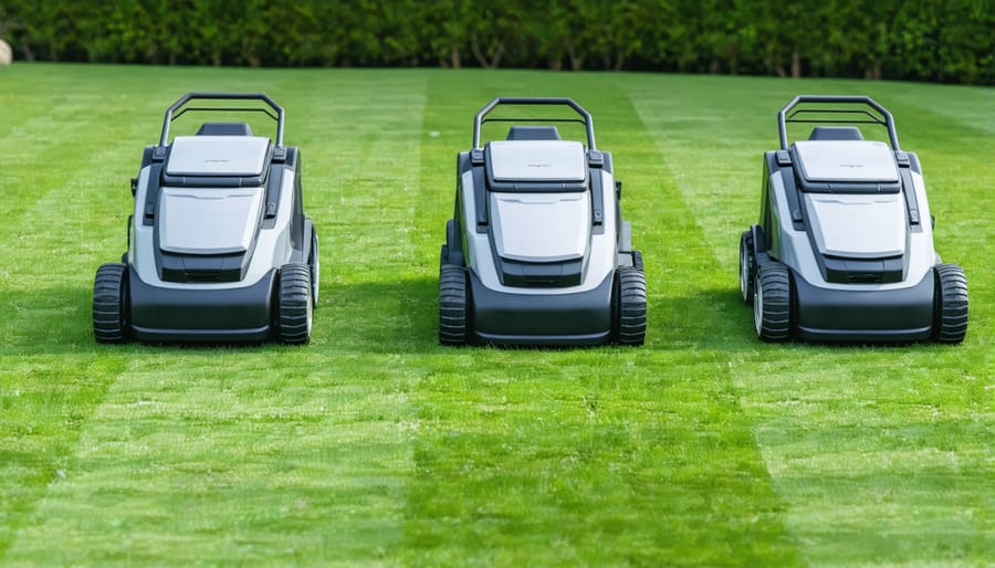 Four-panel image showing key steps in setting up and configuring a GPS robotic lawn mower