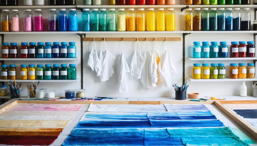 Well-organized hand dyeing workspace with materials, tools, and safety equipment