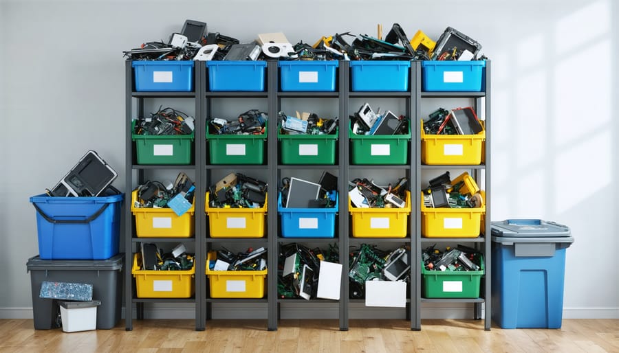 Well-organized e-waste collection station with separate containers for batteries, cables, and devices