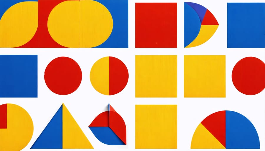 Design composition featuring red, blue, and yellow geometric shapes arranged in a modern pattern