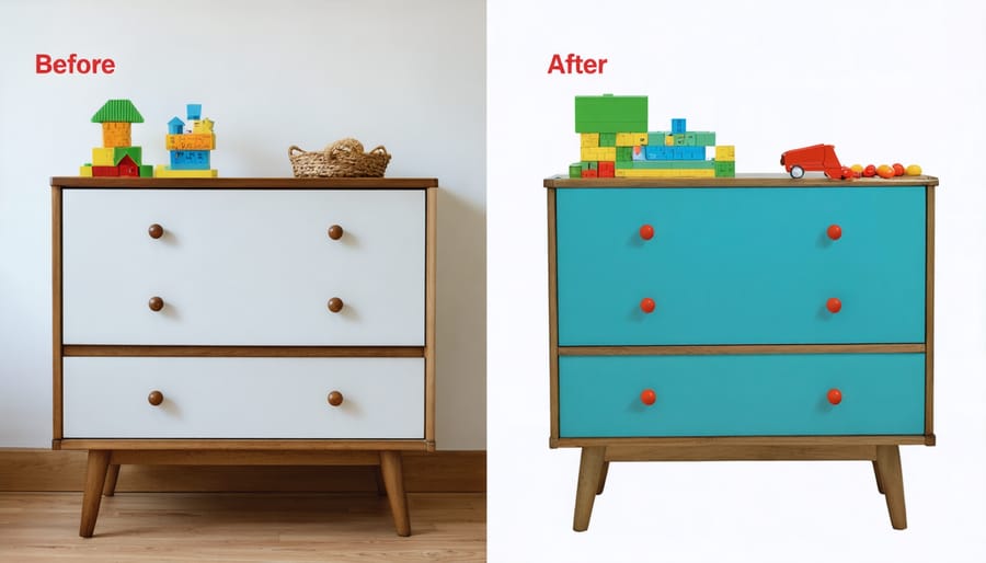 Split image showing plain wooden dresser transformed into colorful furniture piece with geometric patterns