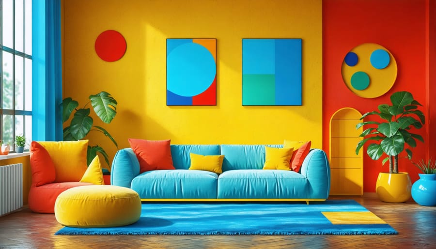 Sophisticated living room with yellow geometric sofa, blue circular rug, and red accent wall featuring white geometric patterns