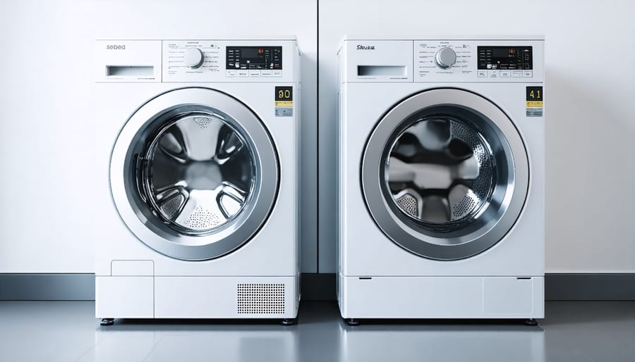 Split-view diagram showing stacked and side-by-side laundry machine layouts in a 6x6 room