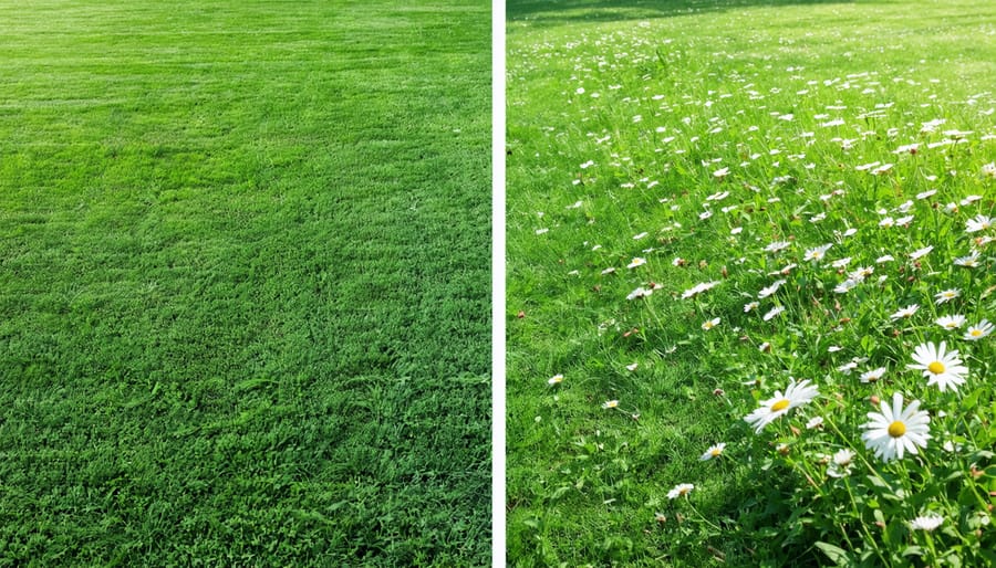 Split image showing contrast between uniform green lawn and colorful biodiverse lawn with native plants