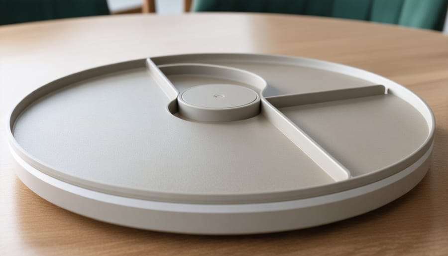 Detailed view of lazy susan with non-slip mat and removable dividers