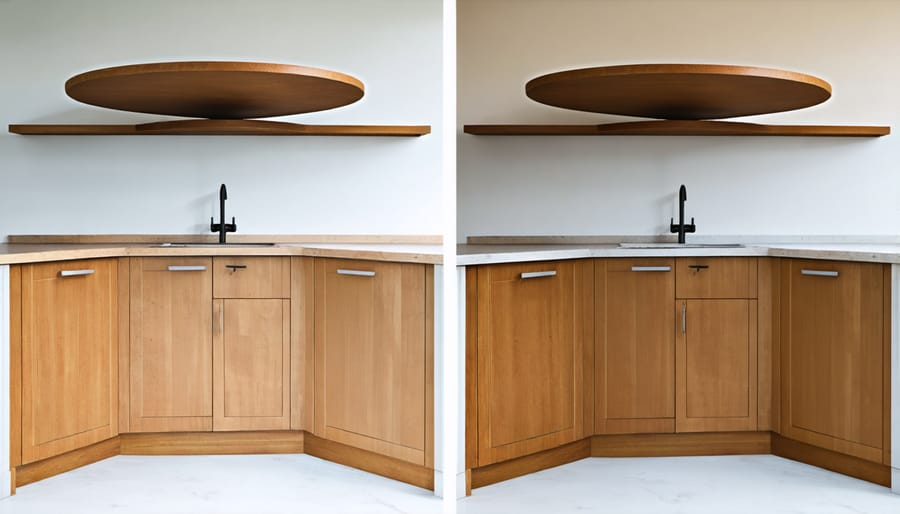 Side-by-side comparison of full-circle and kidney-shaped lazy susan cabinet installations