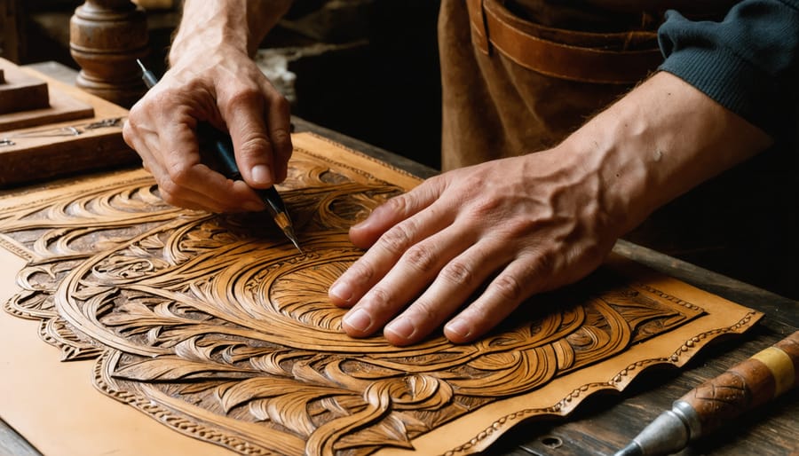Craftsperson using traditional tools to create detailed patterns in leather