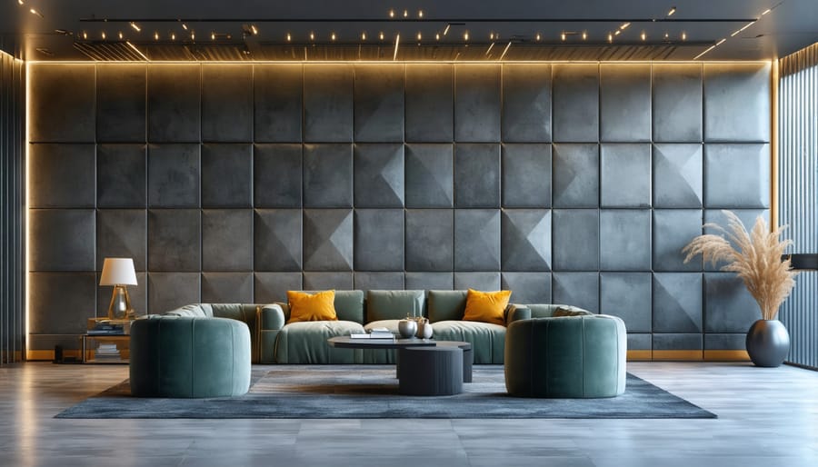 Modern office featuring a decorative leather wall panel with geometric designs