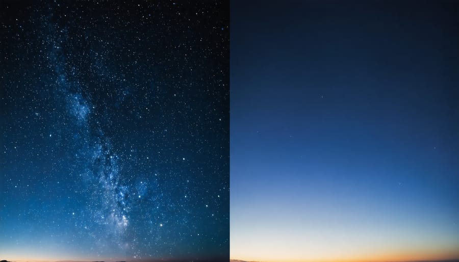 Split image comparing urban light pollution with natural dark starry sky