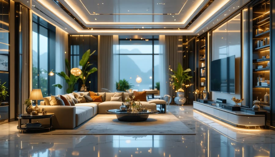 Contemporary living room showcasing smart lighting and hidden technology integration