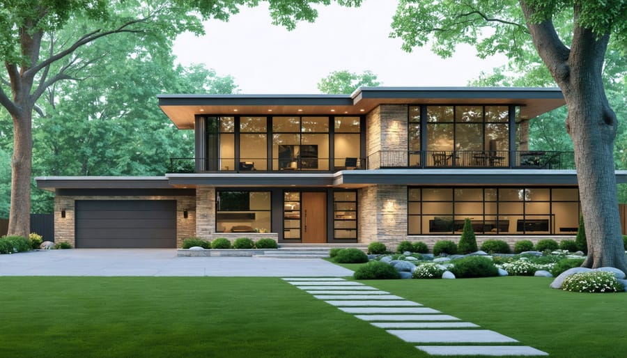 Iconic two-story mid-century modern house with floor-to-ceiling windows and geometric design