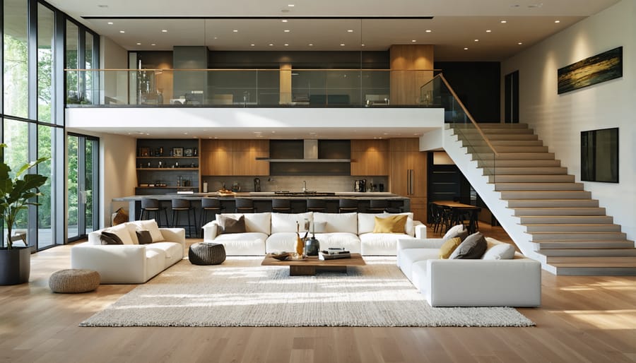 Modern furniture layout in a mid-century modern two-story living room with period-appropriate decor