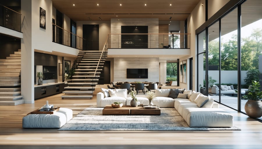 Modern open floor plan interior of mid-century home with glass walls and split-level design