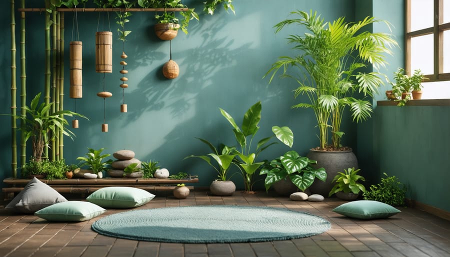 Peaceful home meditation space with natural sound elements and comfortable seating
