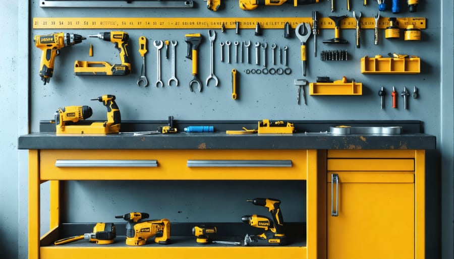 Display of basic metalworking tools including welding equipment, protective gear, and hand tools