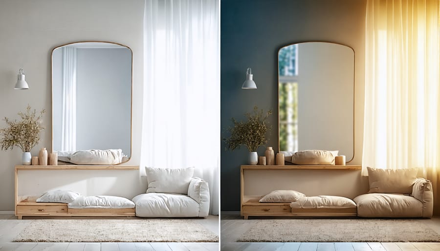 Before and after comparison of a room showing the impact of mirror placement on natural light distribution