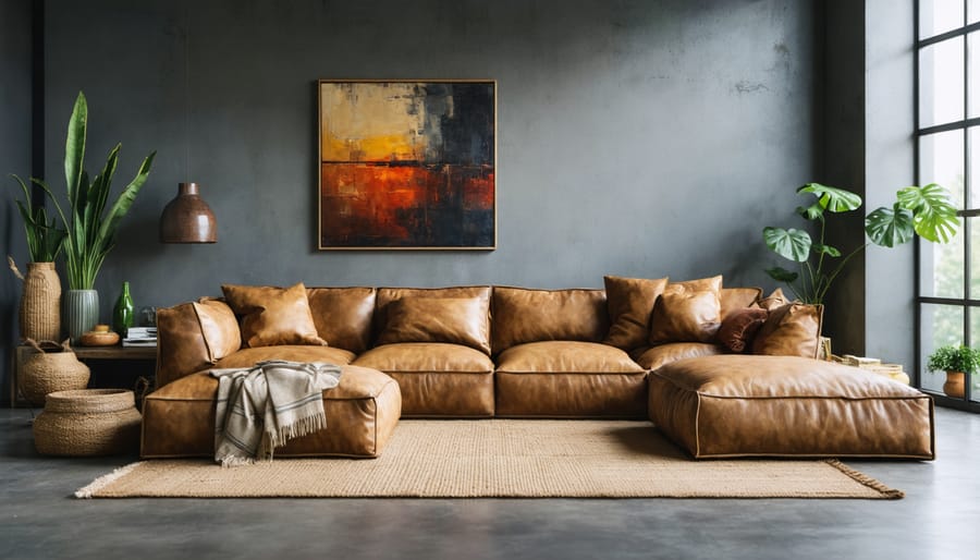 Modern living room featuring leather sofa, wall art, and decorative accessories