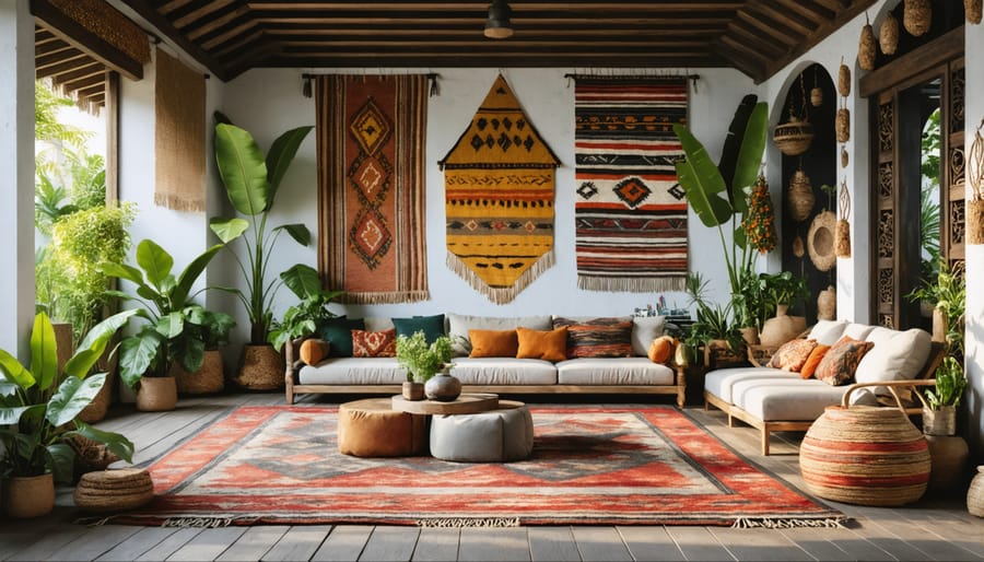 Contemporary interior design incorporating traditional woven tapestries and textiles