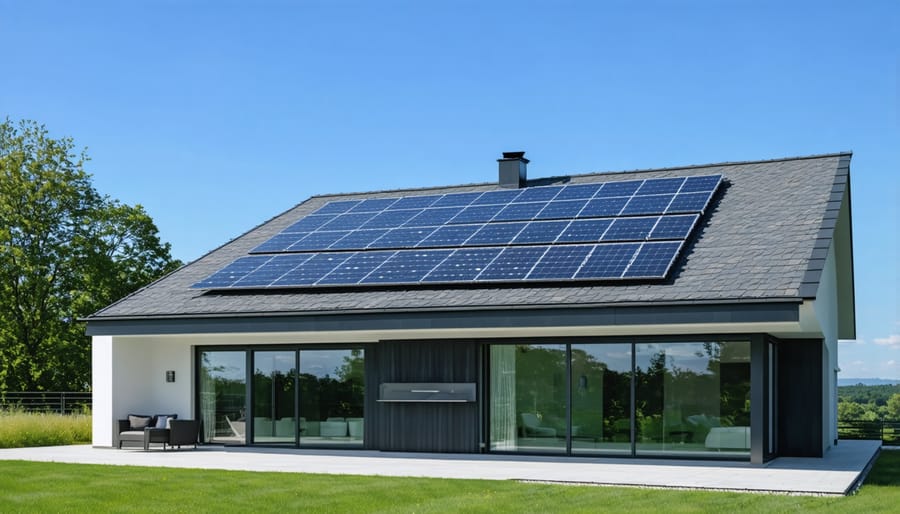 Contemporary zero energy house with rooftop solar panels and passive solar design features