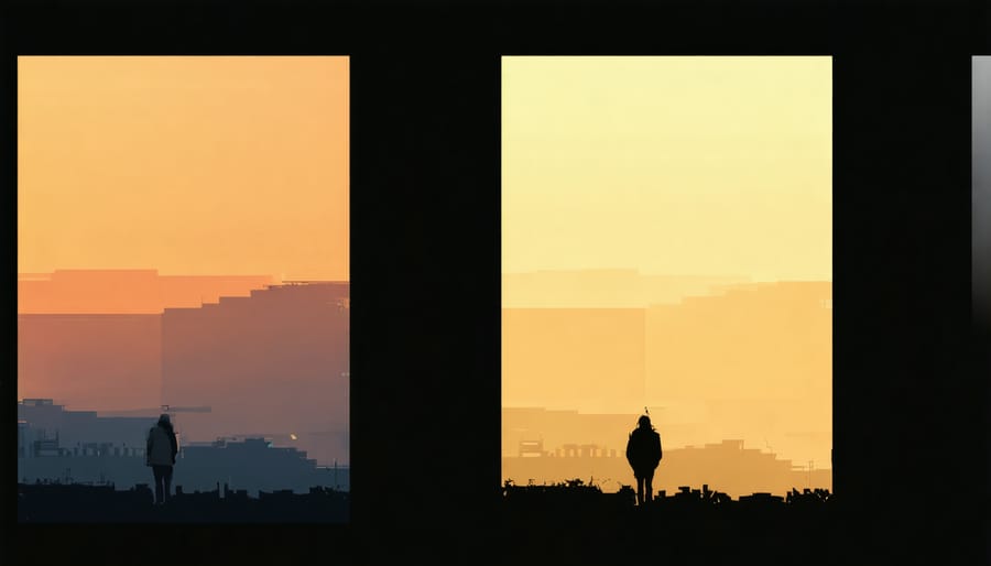 Side-by-side comparison showing the same room under natural daylight versus artificial lighting