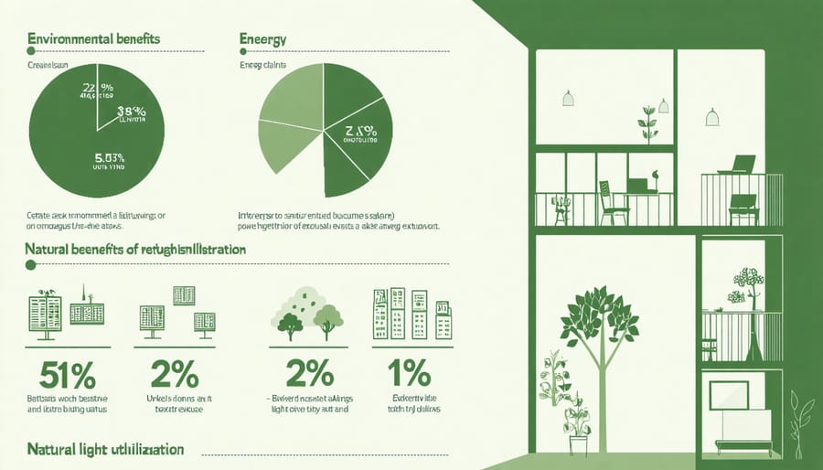 Visual representation of energy cost savings and environmental benefits from natural light usage