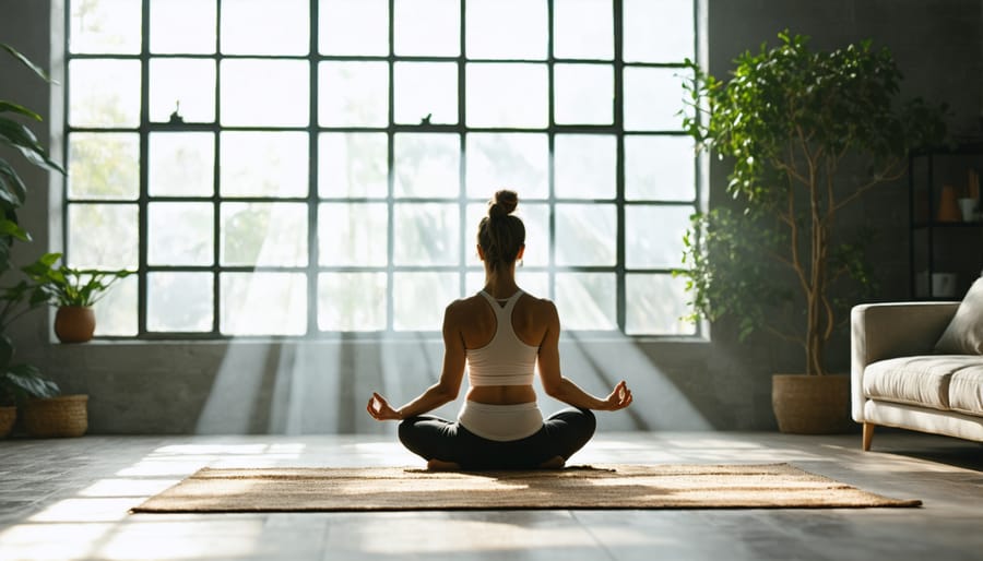Natural sunlight illuminating a peaceful living room scene with a person enjoying morning wellness activities