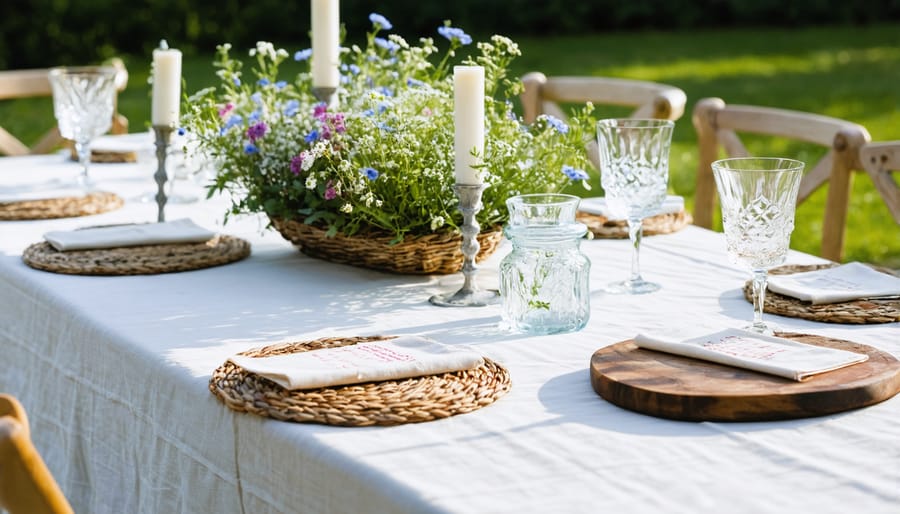Summer outdoor table setting featuring natural materials and fresh flowers