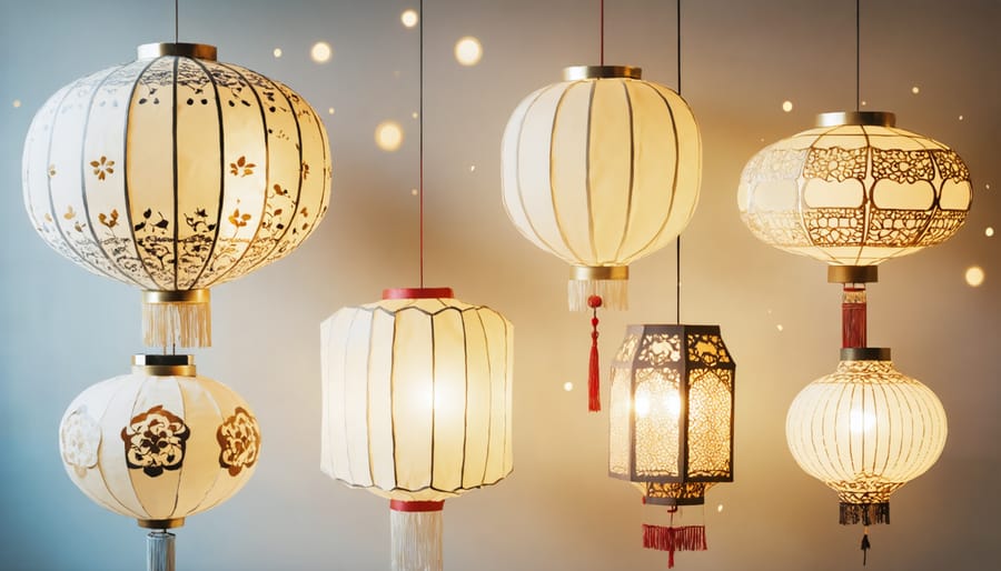 Biodegradable paper lanterns casting warm light patterns on a wall