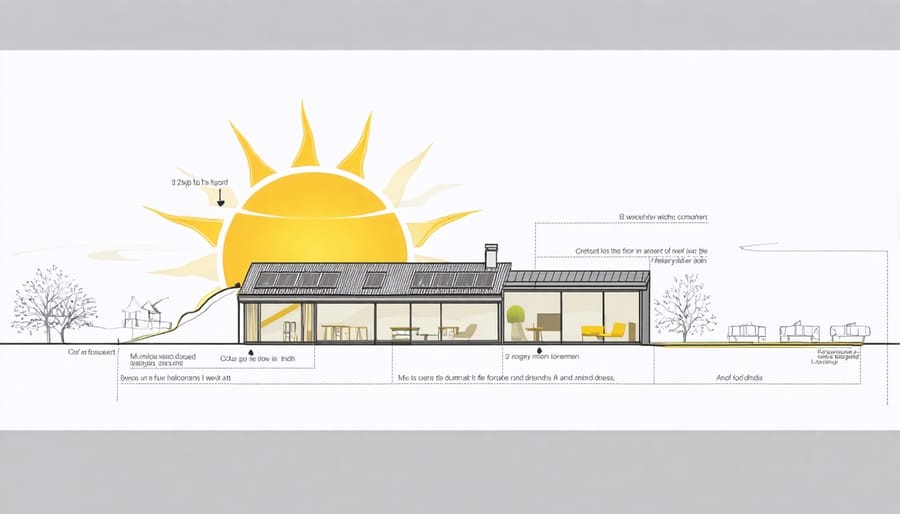 Technical illustration of passive solar design principles with seasonal sun angles