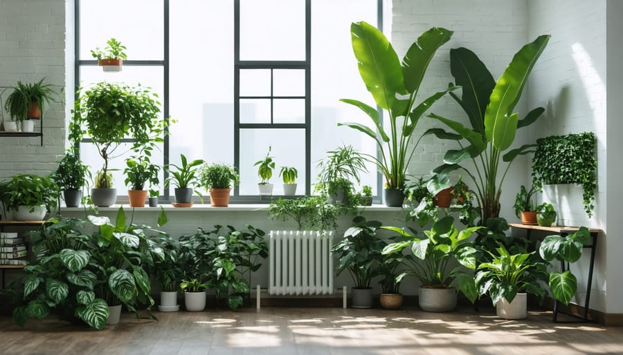 Living room displaying plants arranged according to natural light exposure, from sun-loving to shade-tolerant species
