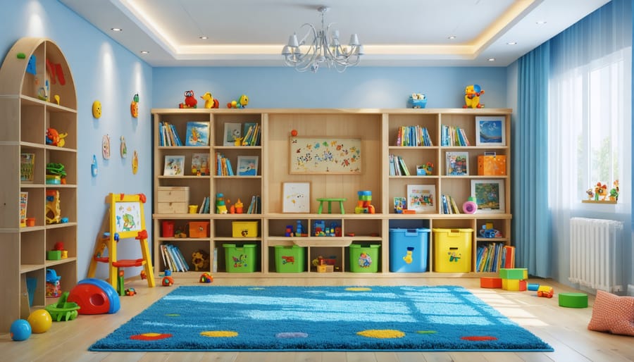 Child-friendly playroom layout with clearly defined activity zones and safe walking paths