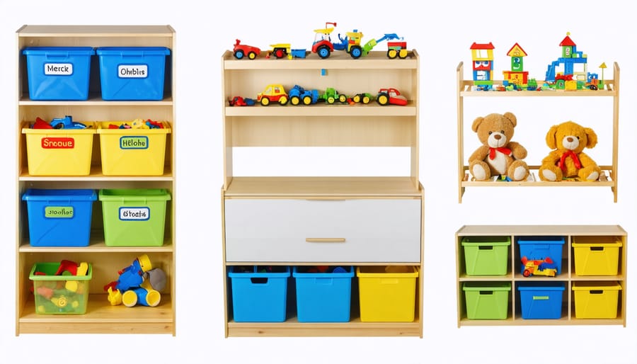 Kid-accessible storage solutions featuring colorful bins and child-height organization systems