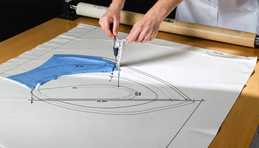 Hands measuring and cutting fabric pieces for pouf construction