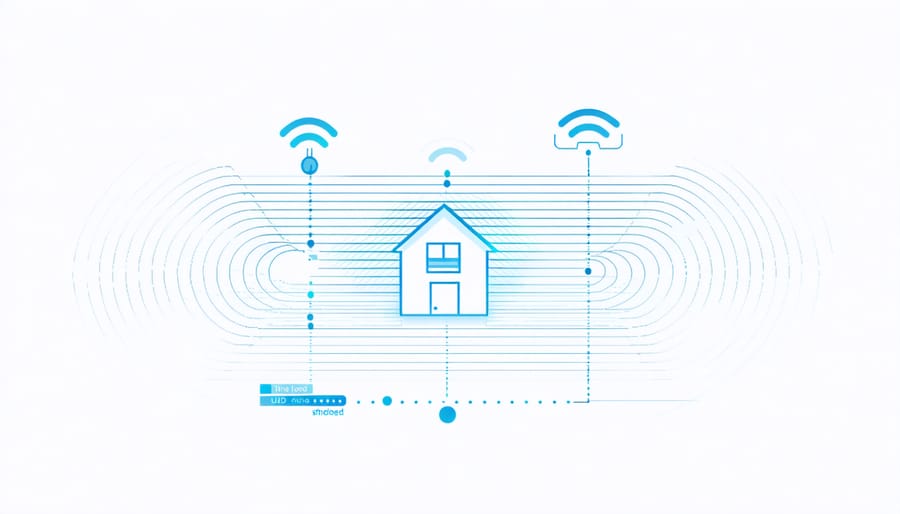 Technical illustration of motion sensor radar detecting weather conditions around a house