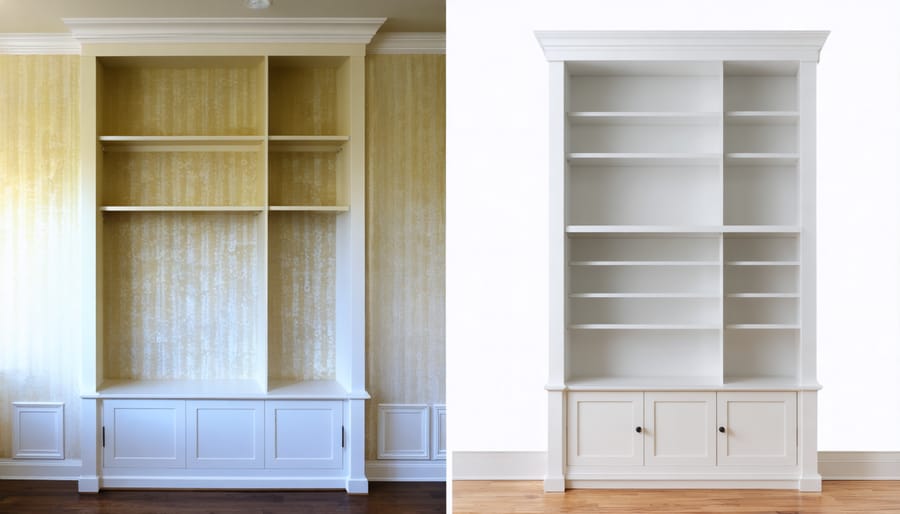 Split-screen comparison of a normal wall transformed into camouflaged storage panel