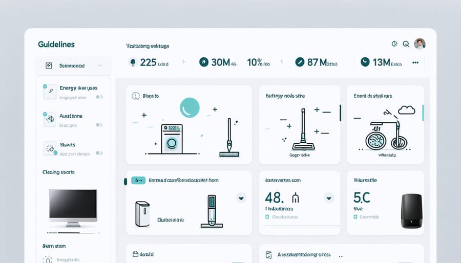 Mobile app interface displaying connected cleaning devices and their power consumption stats