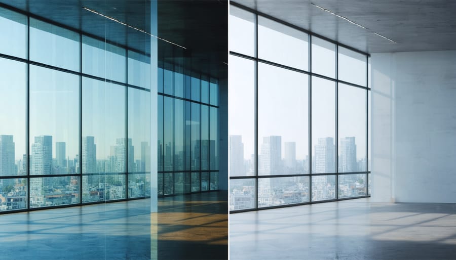 Electrochromic window demonstrating transparent and darkened states
