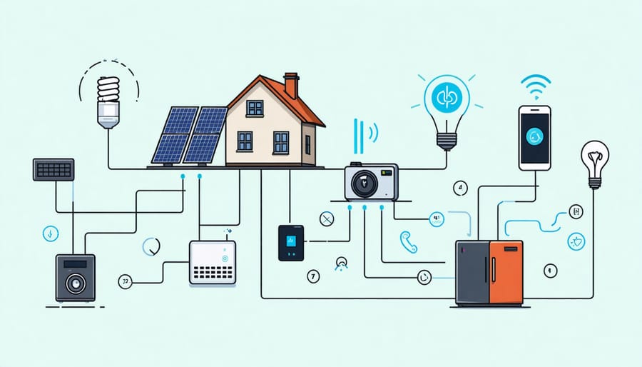 Diagram of integrated smart home energy system components and their connections