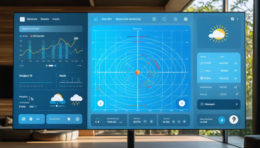 Mobile app interface displaying weather radar data and automated home response controls